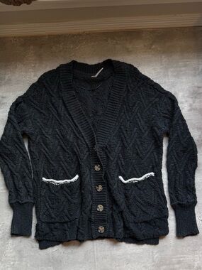 Free People Black Cable Knit Button-Front Cardigan with White Trim